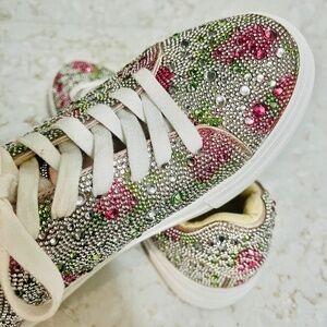 Betsey Johnson Floral pink/silver rhinestone tennis shoes. Like New! Size 9